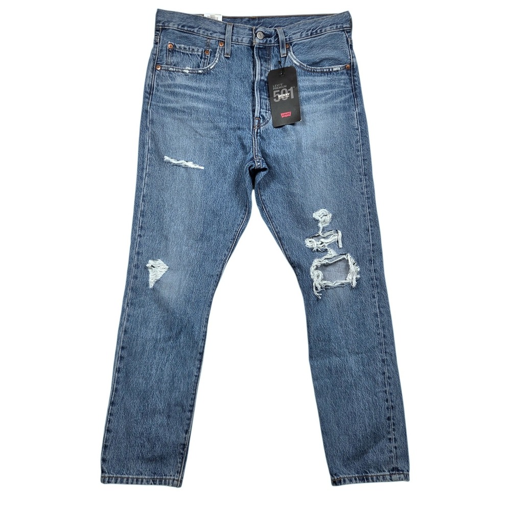 New Levis 501 Skinny Jeans Womens 31x28 Blue Distressed Premium Ripped NWT $98